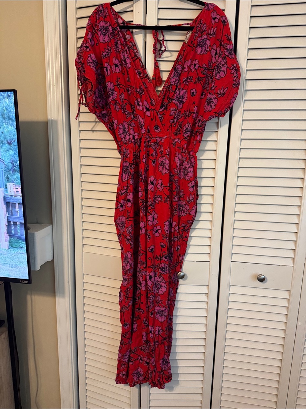 Band of Gypsies Red Floral Jumpsuit with Pink Accents